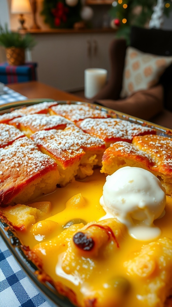Panettone Bread Pudding Recipe A delicious panettone bread pudding topped with powdered sugar, served warm with ice cream.